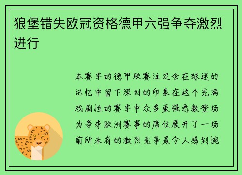 狼堡错失欧冠资格德甲六强争夺激烈进行
